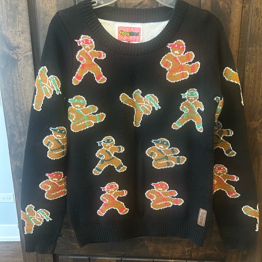 Tipsy Elves Black Crewneck Sweater with Multicolor Gingerbread Motifs